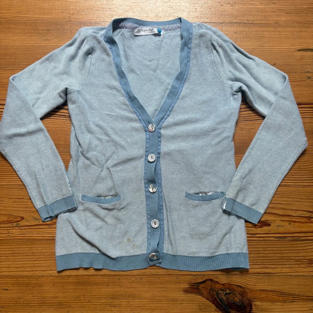 Sparrow blue‎ white cottage floral button cardigan sweater SIZE M